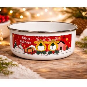 Vintage Happy Holidays Enamel Bowl 6.75” Christmas Reindeer